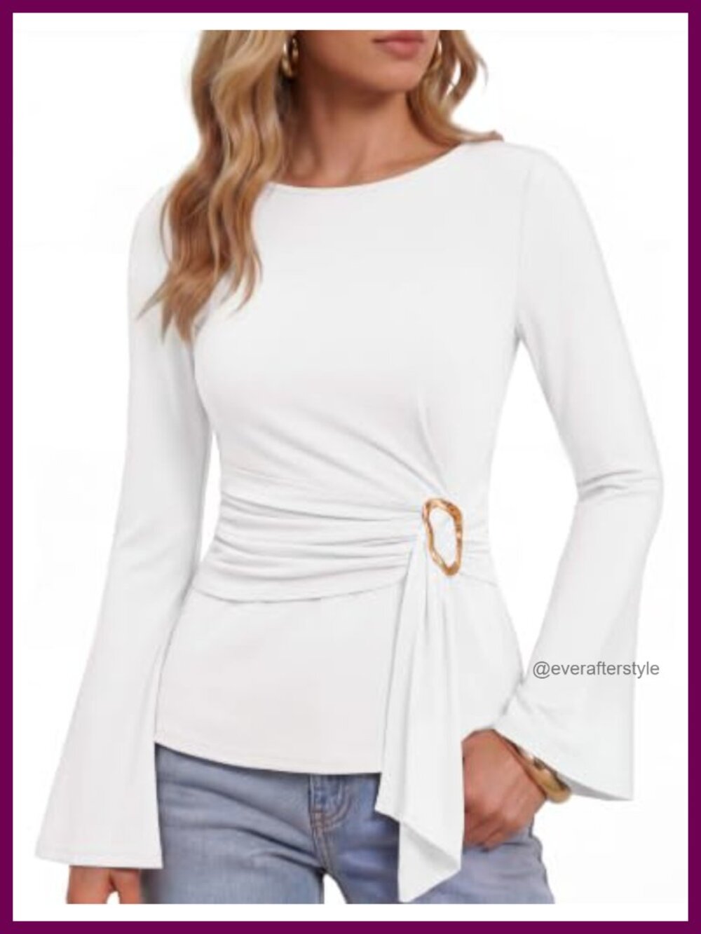 Womens Boat Neck Flared Long Sleeve Blouse Tie Waist Business Casual Top